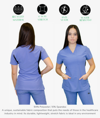 Woman's Contrast Scrub Top | STYLE 7235 | V-Neck, Black Side Panels, Multi-Pocket Design | XXS-XL | Water Resistant