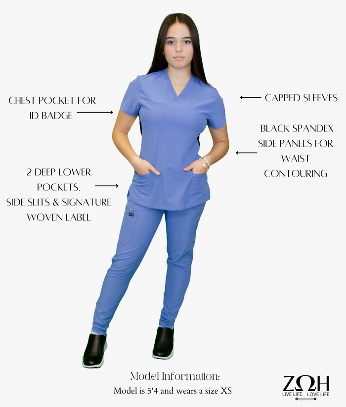FRIENDLY - Woman's Contrast Scrub Top | STYLE 7235 | V-Neck, Black Side Panels, Multi-Pocket Design | XXS-4XL | Water Resistant