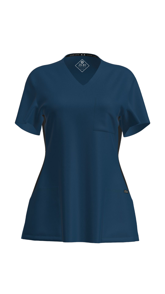 Women's Contrast Scrub Top (Plus) | STYLE 7235X | V-Neck, Black Side Panels, Multi-Pocket Design | 2XL-4XL | Water Resistant