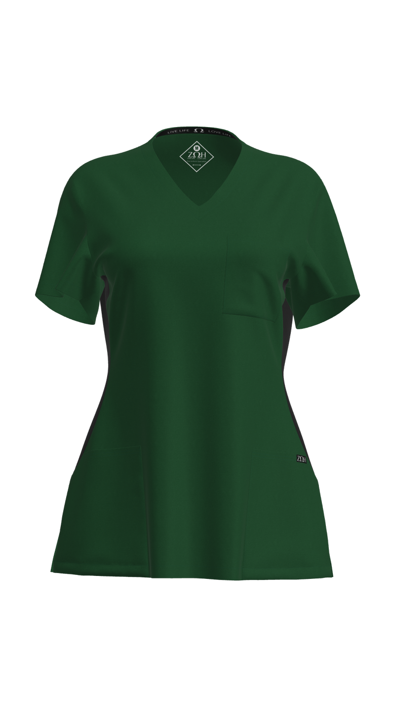 Woman's Contrast Scrub Top | STYLE 7235 | V-Neck, Black Side Panels, Multi-Pocket Design | XXS-XL | Water Resistant