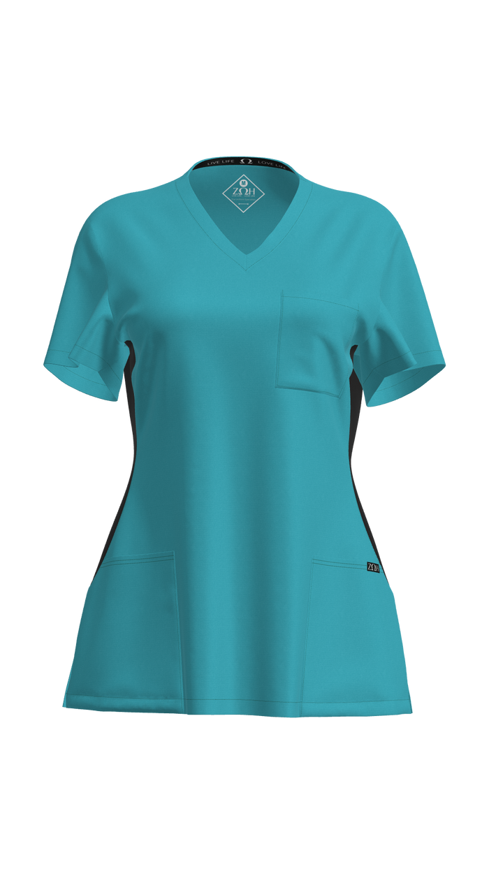 Women's Contrast Scrub Top (Plus) | STYLE 7235X | V-Neck, Black Side Panels, Multi-Pocket Design | 2XL-4XL | Water Resistant