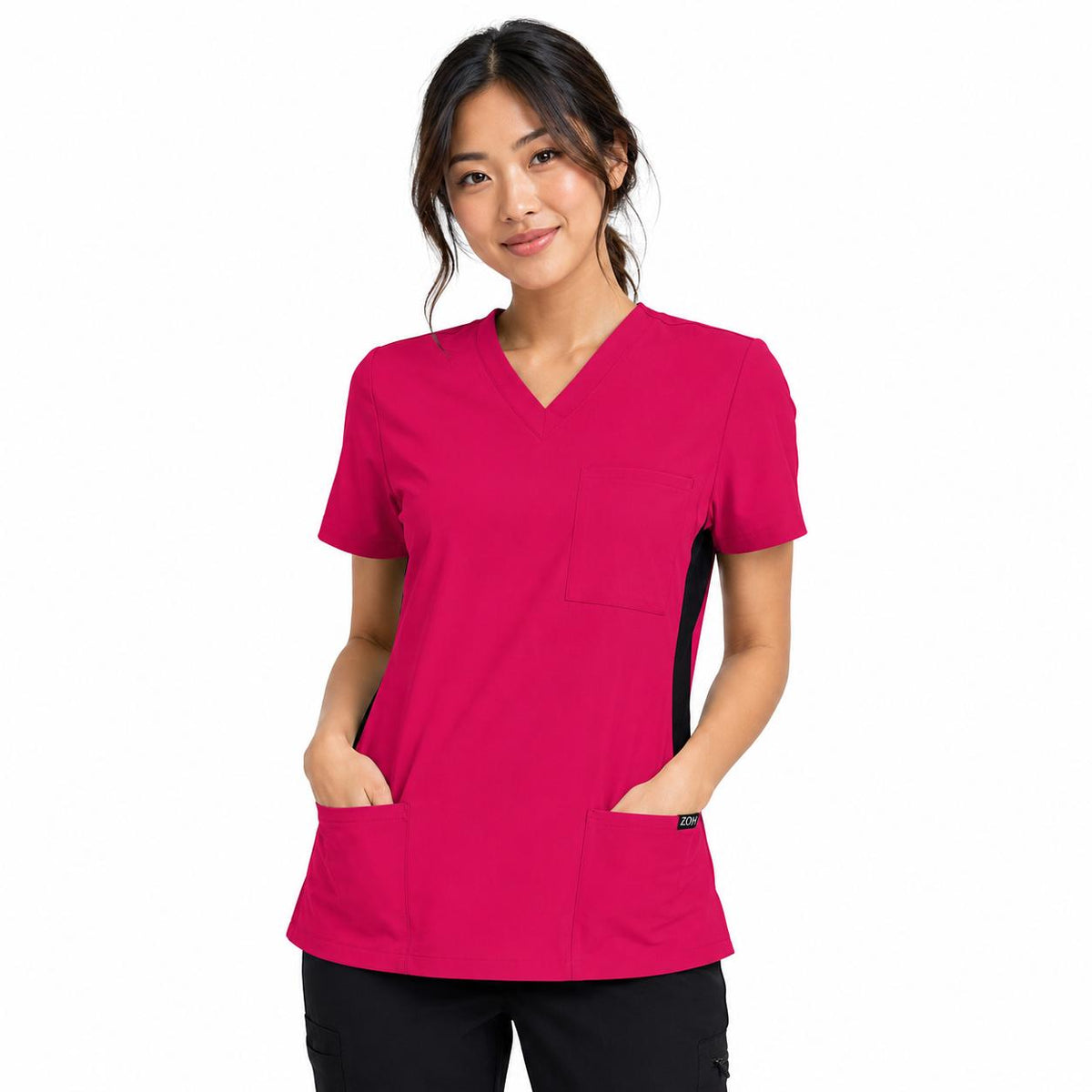 FRIENDLY - Woman's Contrast Scrub Top | STYLE 7235 | V-Neck, Black Side Panels, Multi-Pocket Design | XXS-4XL | Water Resistant