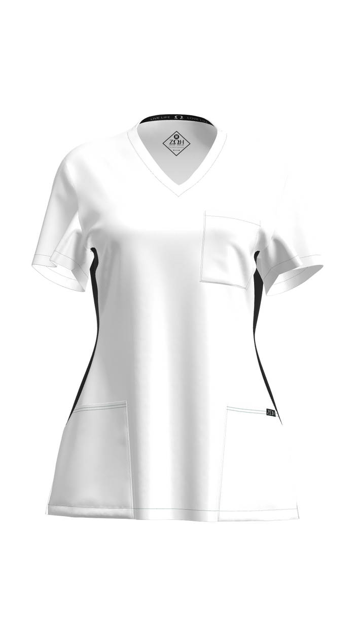 Woman's Contrast Scrub Top | STYLE 7235 | V-Neck, Black Side Panels, Multi-Pocket Design | XXS-XL | Water Resistant