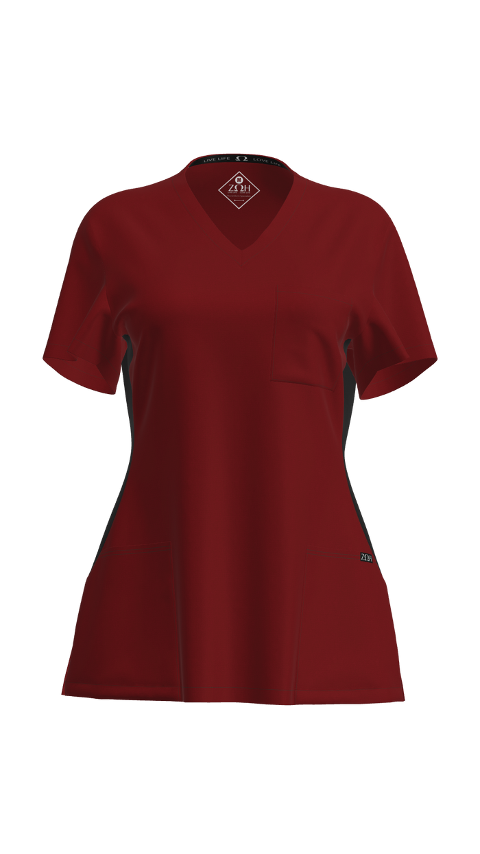 Woman's Contrast Scrub Top | STYLE 7235 | V-Neck, Black Side Panels, Multi-Pocket Design | XXS-XL | Water Resistant